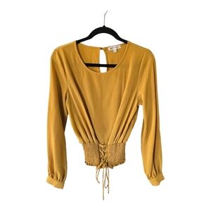 Miley Molly Smocked Waist Top Women Sz M Mustard Pleated Minimalist Long Sleeves